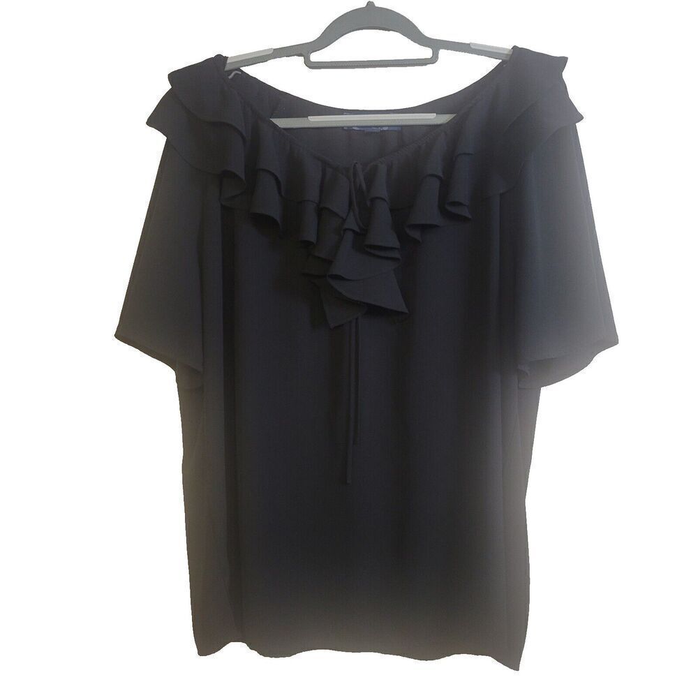 Susan Graver Size 1X Blouse Ruffled Keyhole Neckline Blackโ Fabric